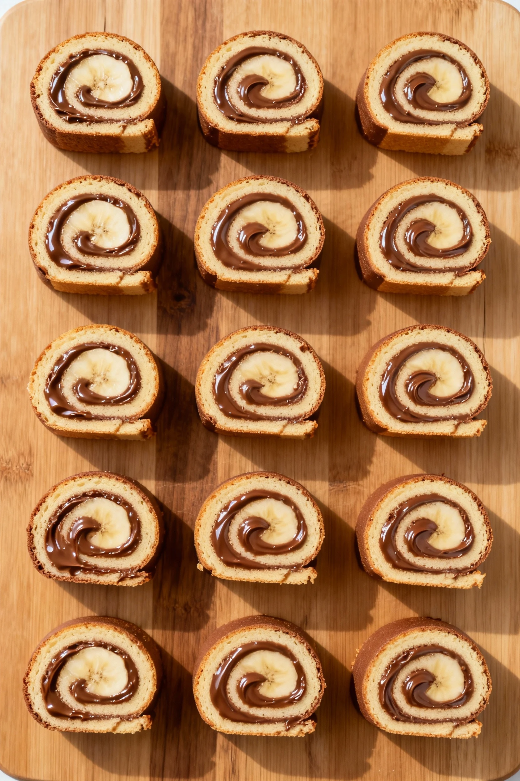 Tasty top view: dessert pinwheels with chocolate-hazelnut spread and banana, uniform 1-inch slices on a warm wooden boar