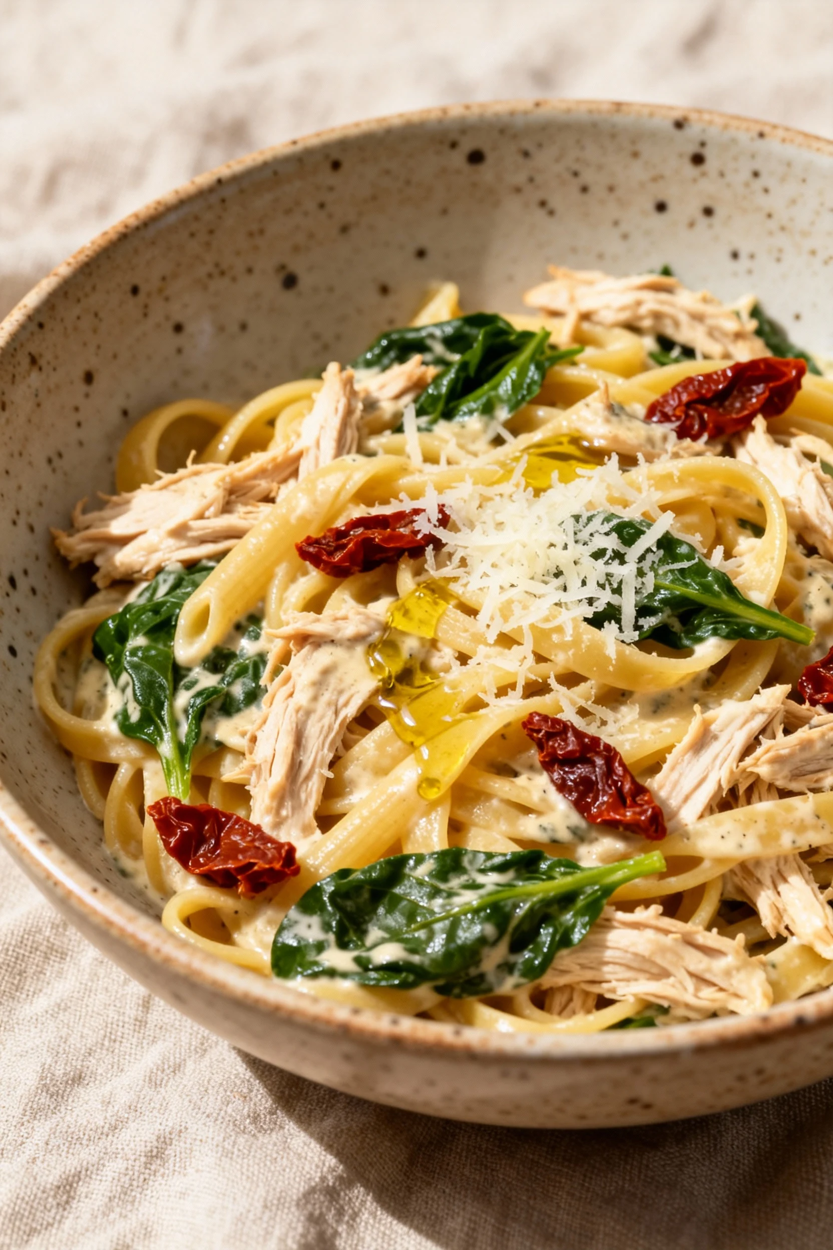 Restaurant-style plating: Creamy Tuscan shredded chicken tossed with pasta, sun-dried tomato pieces and wilted spinach i