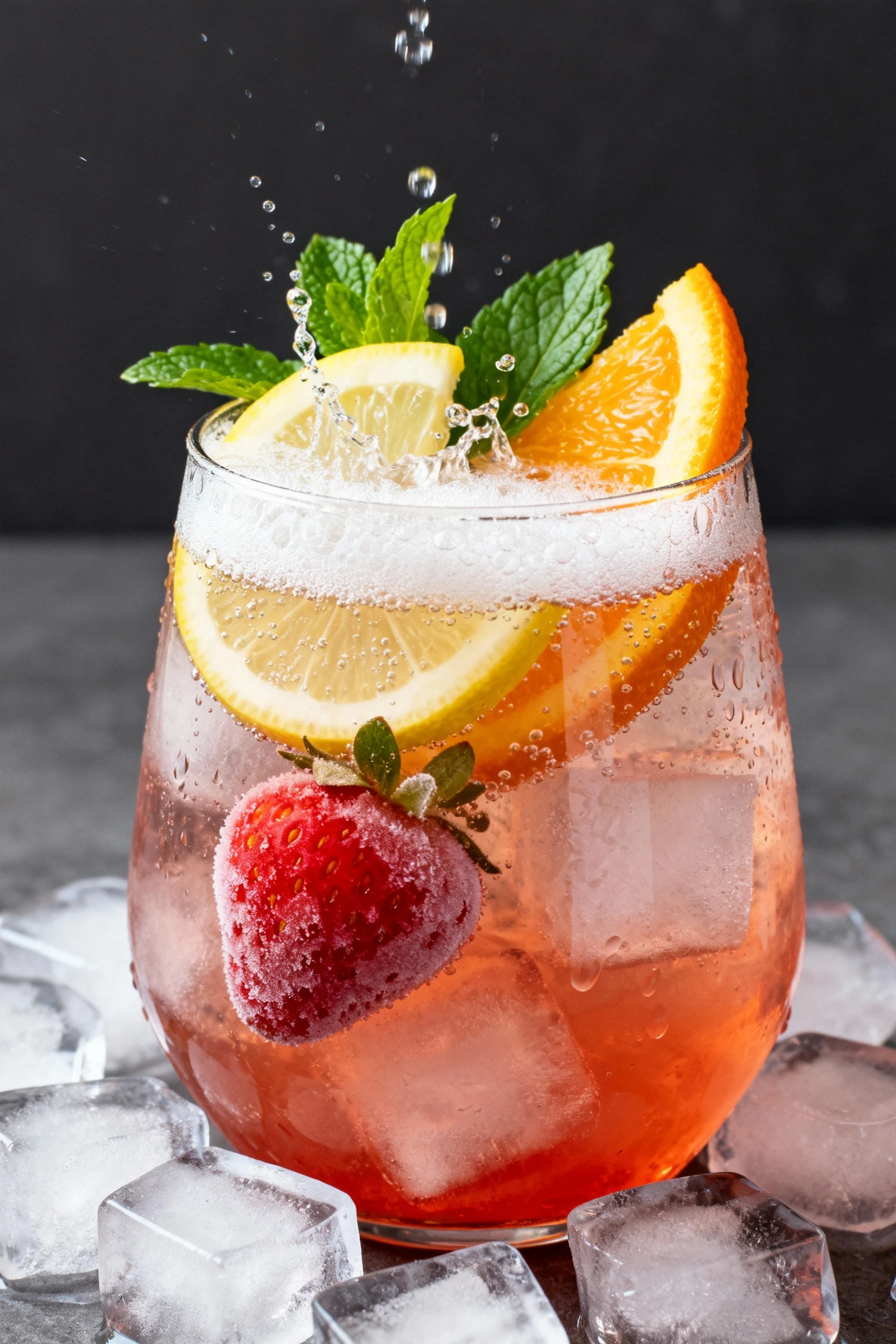 Tight 45-degree shot of an individual glass of punch over large clear ice cubes, topped (optional) with a splash of dry 