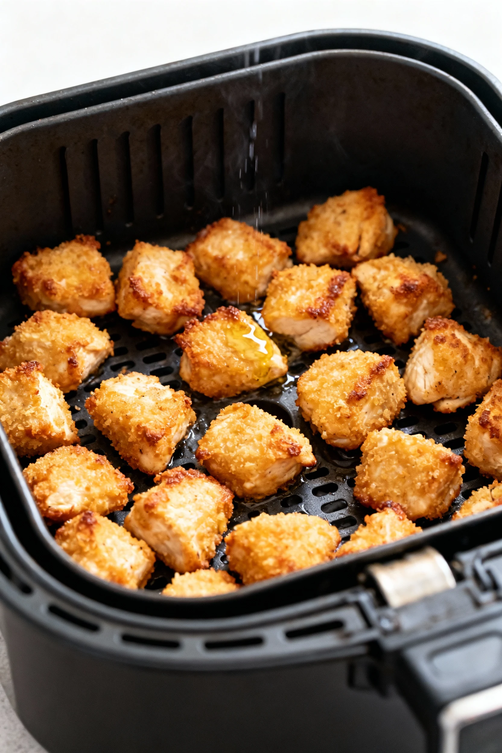 4. Air fryer cooking process: single layer of coated chicken bites in a clean basket at 390°F, tops misted with oil, cri