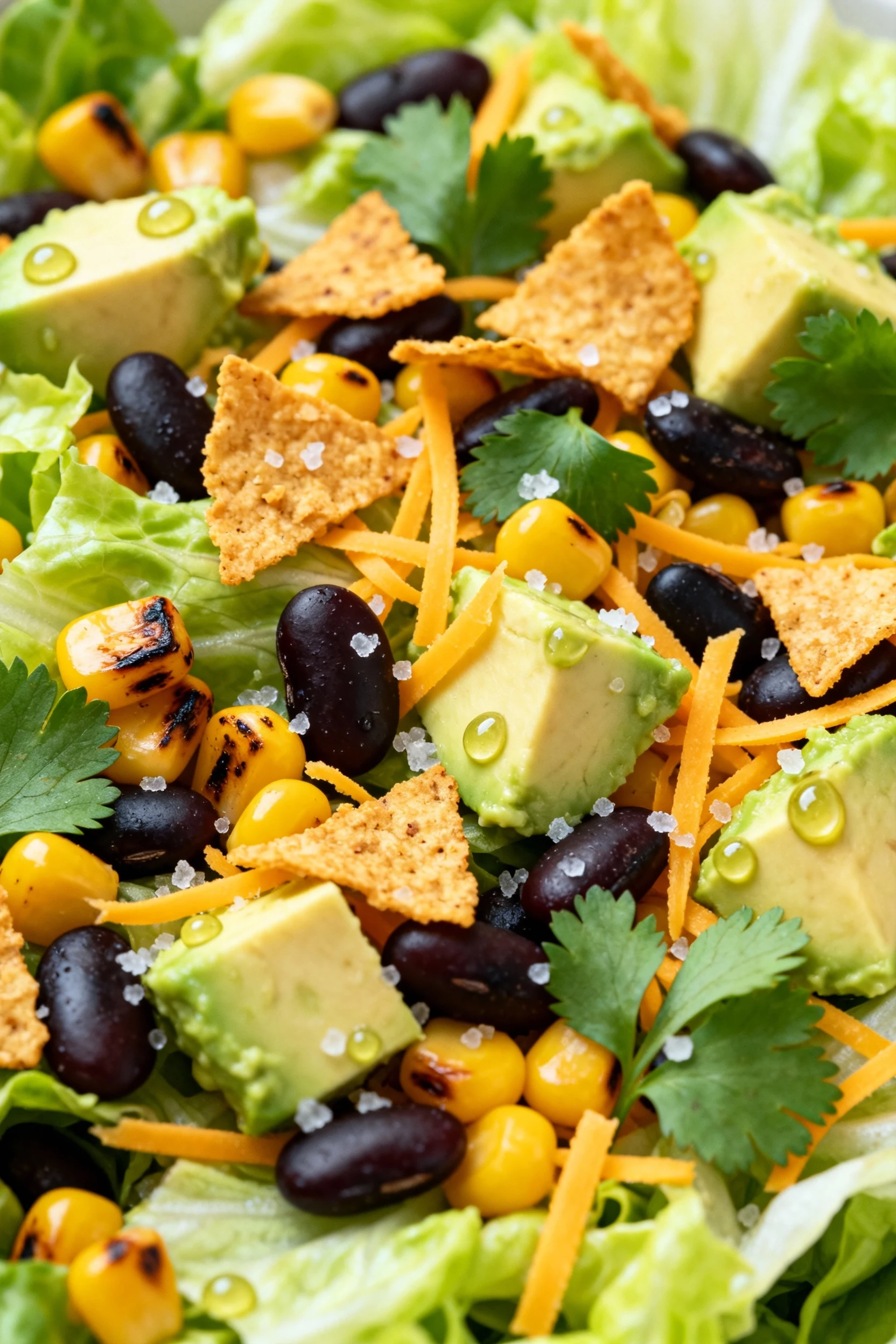 Close-up detail: Macro of Southwest Crunch Chopped showing crisp romaine, charred corn kernels, black beans, creamy avoc
