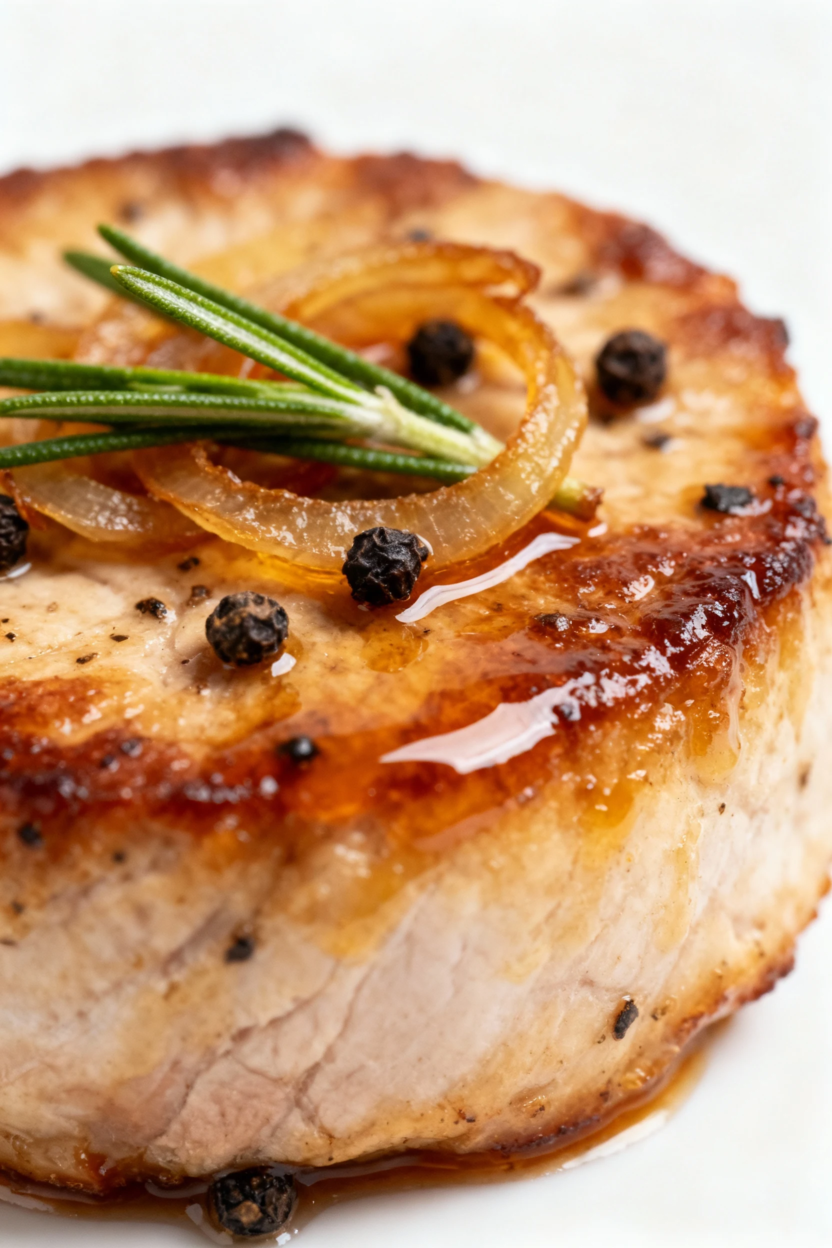 Close-up detail of a juicy 1/2-inch pork medallion with mahogany crust, glossy savory-sweet glaze clinging, cracked pepp