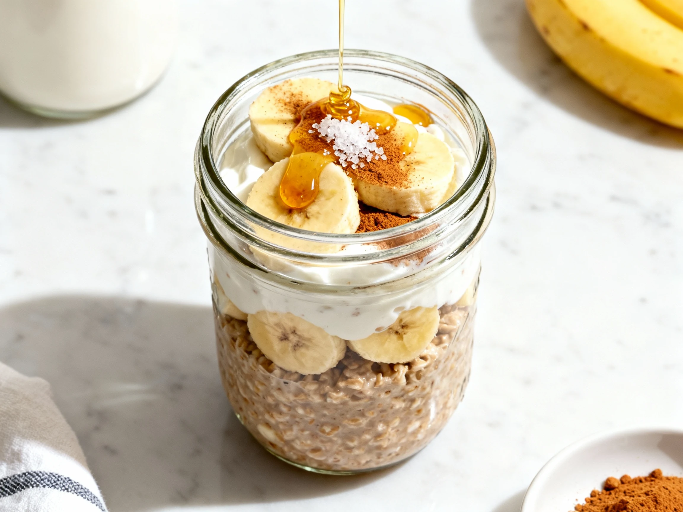 Food photography, Overhead shot of chilled PB2 overnight oats in a glass jar layered with mashed banana, Greek yogurt, a