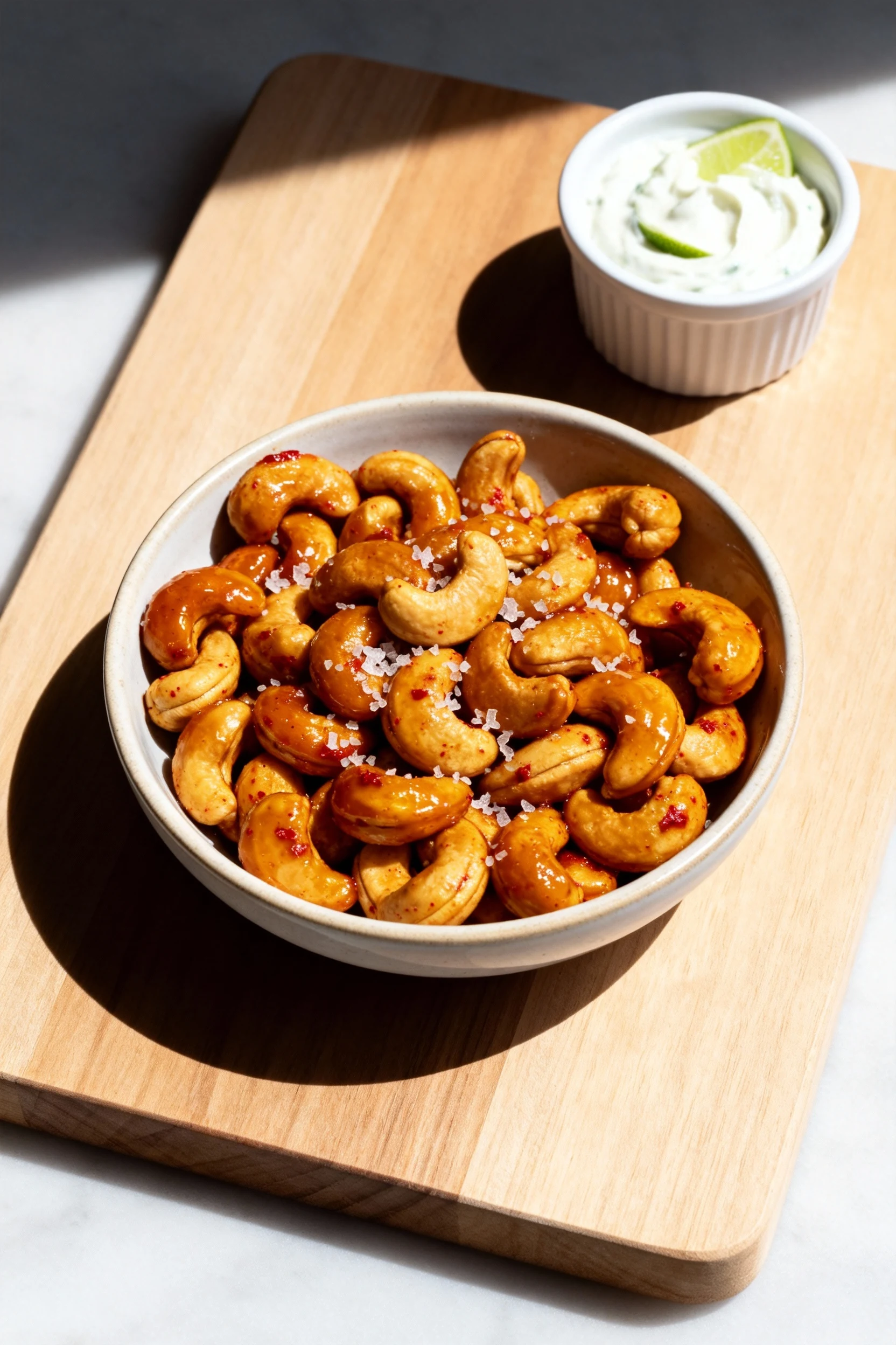 Final presentation of Maple Cayenne Cashews: shiny amber glaze with cayenne flecks, sprinkled with flaky salt in a shall