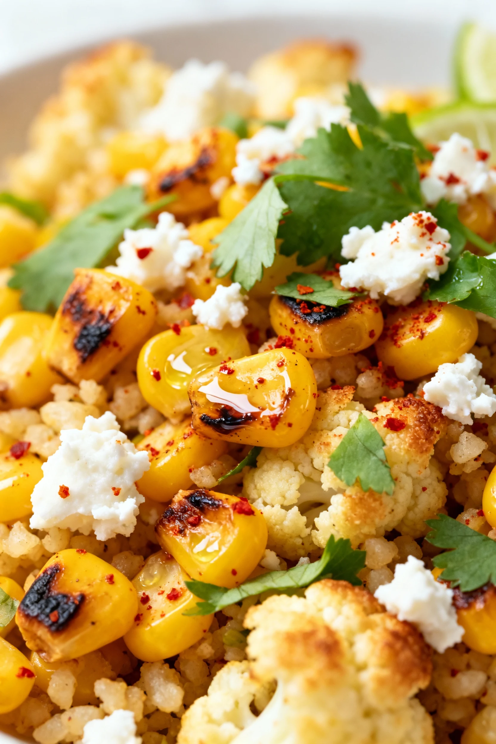 4. Close-up of cilantro-lime street corn cauliflower rice: seared corn kernels, chili powder dusting, cotija/feta crumbl