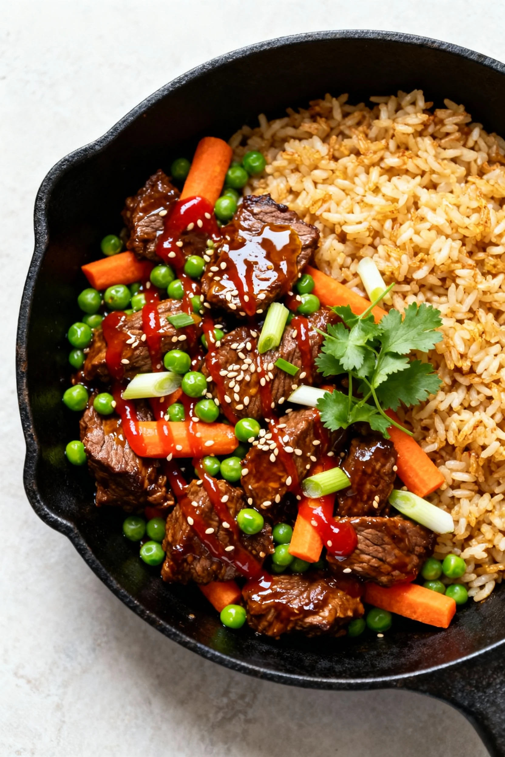 Tasty top view: Asian-inspired beef & rice—glistening soy-hoisin beef with peas, carrots, and scallions, sesame oil shin