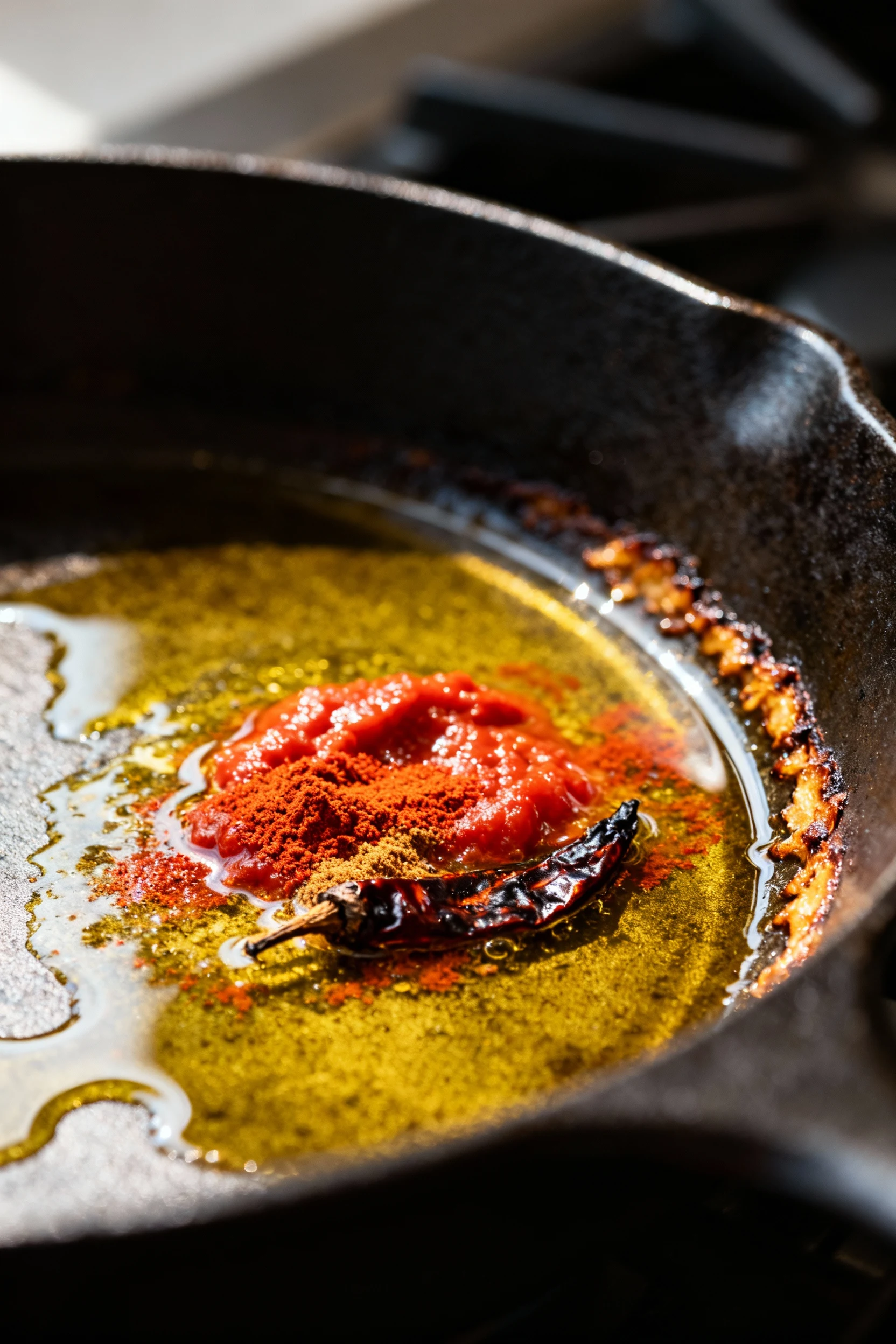 Cooking process shot of tomato paste and spices blooming in olive oil in a cast-iron skillet before beans are added, pap
