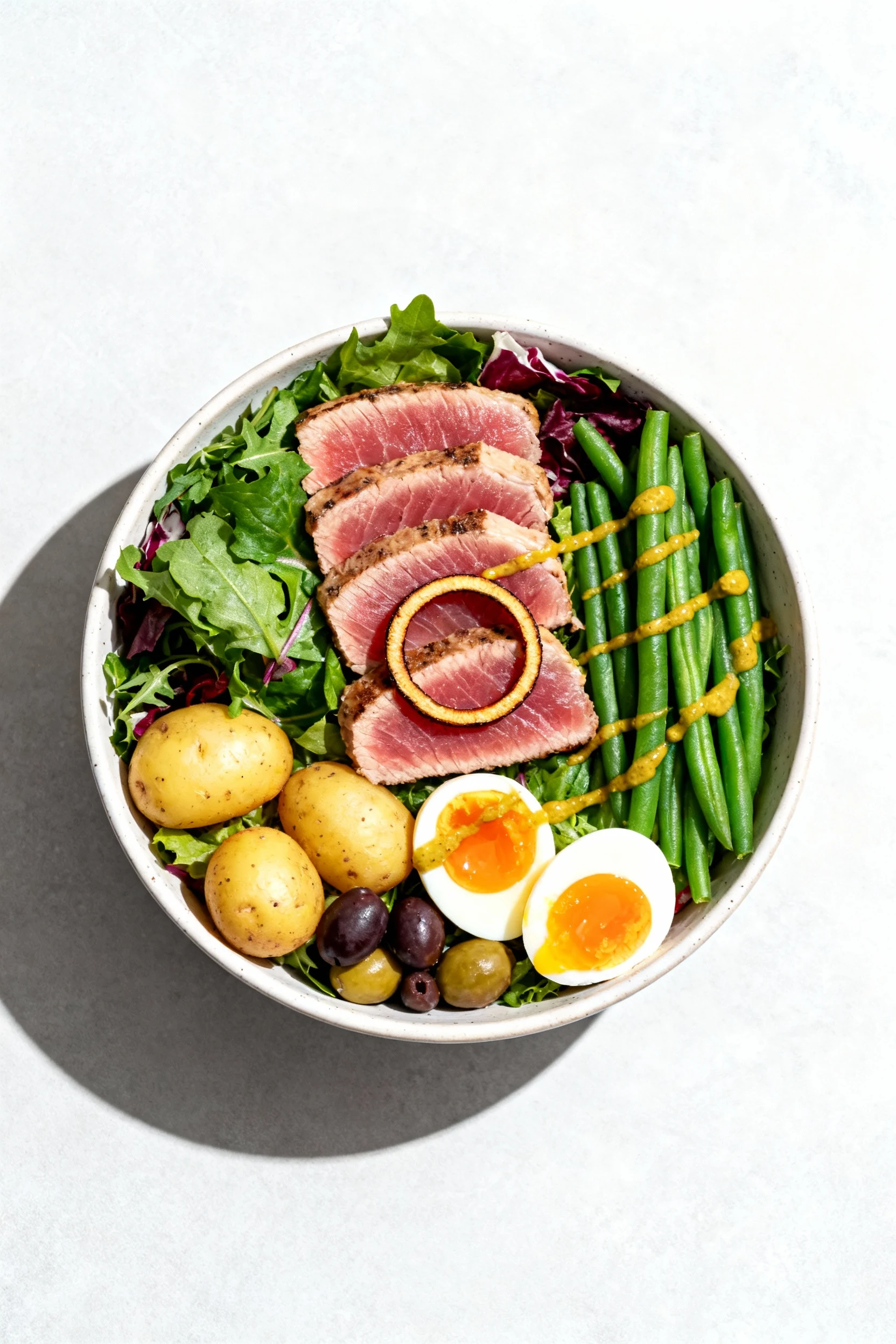 Overhead Niçoise-style bowl: rare seared tuna slices showing thin cooked ring, greens, blanched green beans, baby potato