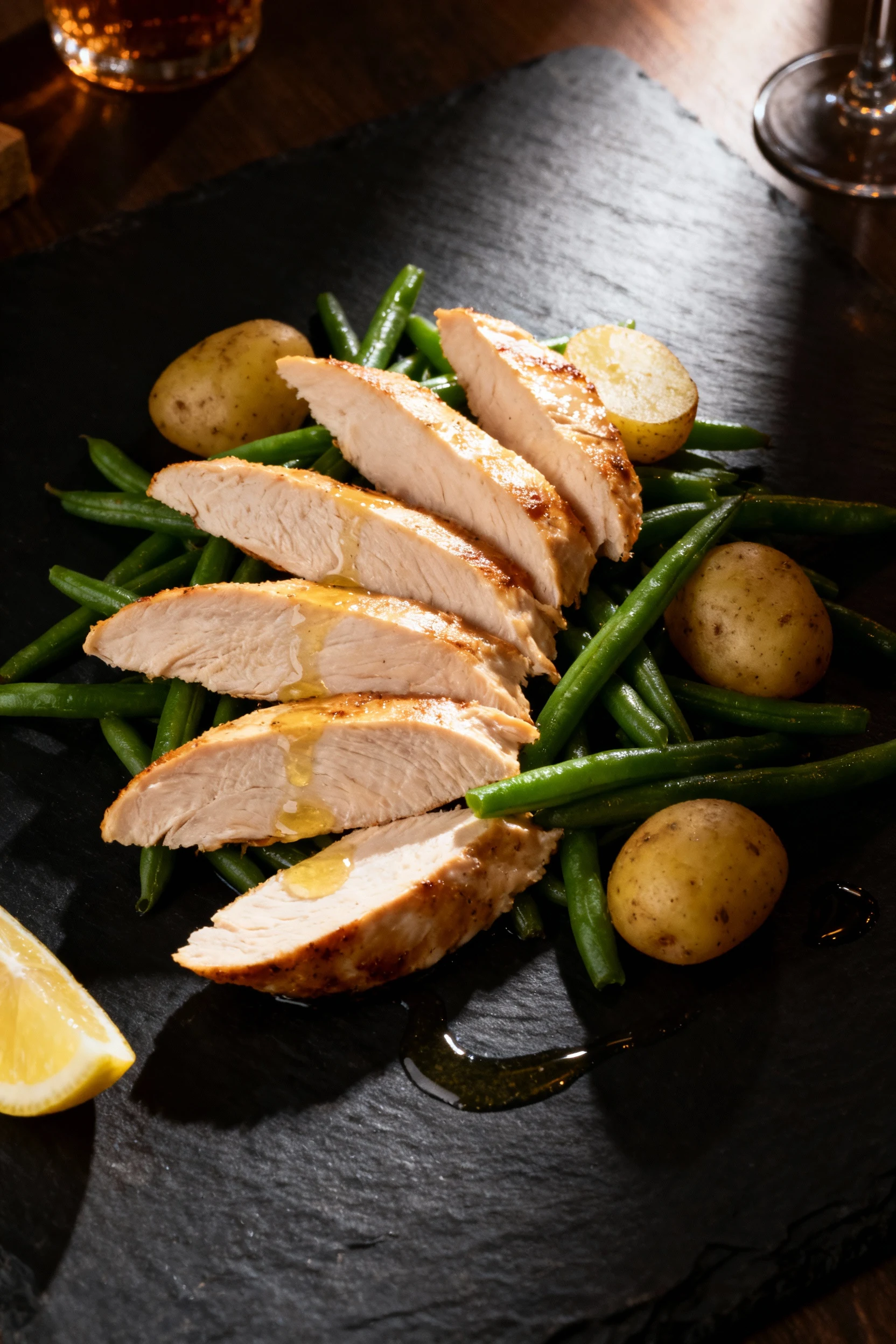 Elegant date-night plating of the full meal for two: chicken breast slices fanned across the plate on a bed of green bea