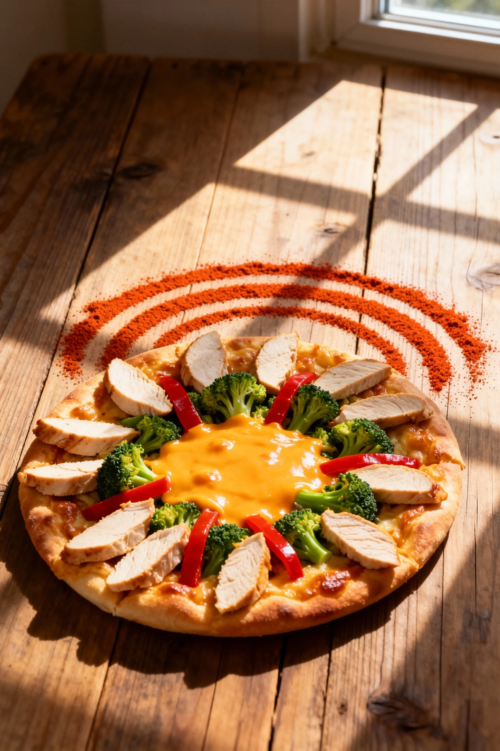 Elegant final presentation of the chicken and veggie dish served on a rustic wooden table, cheddar cheese melted perfect