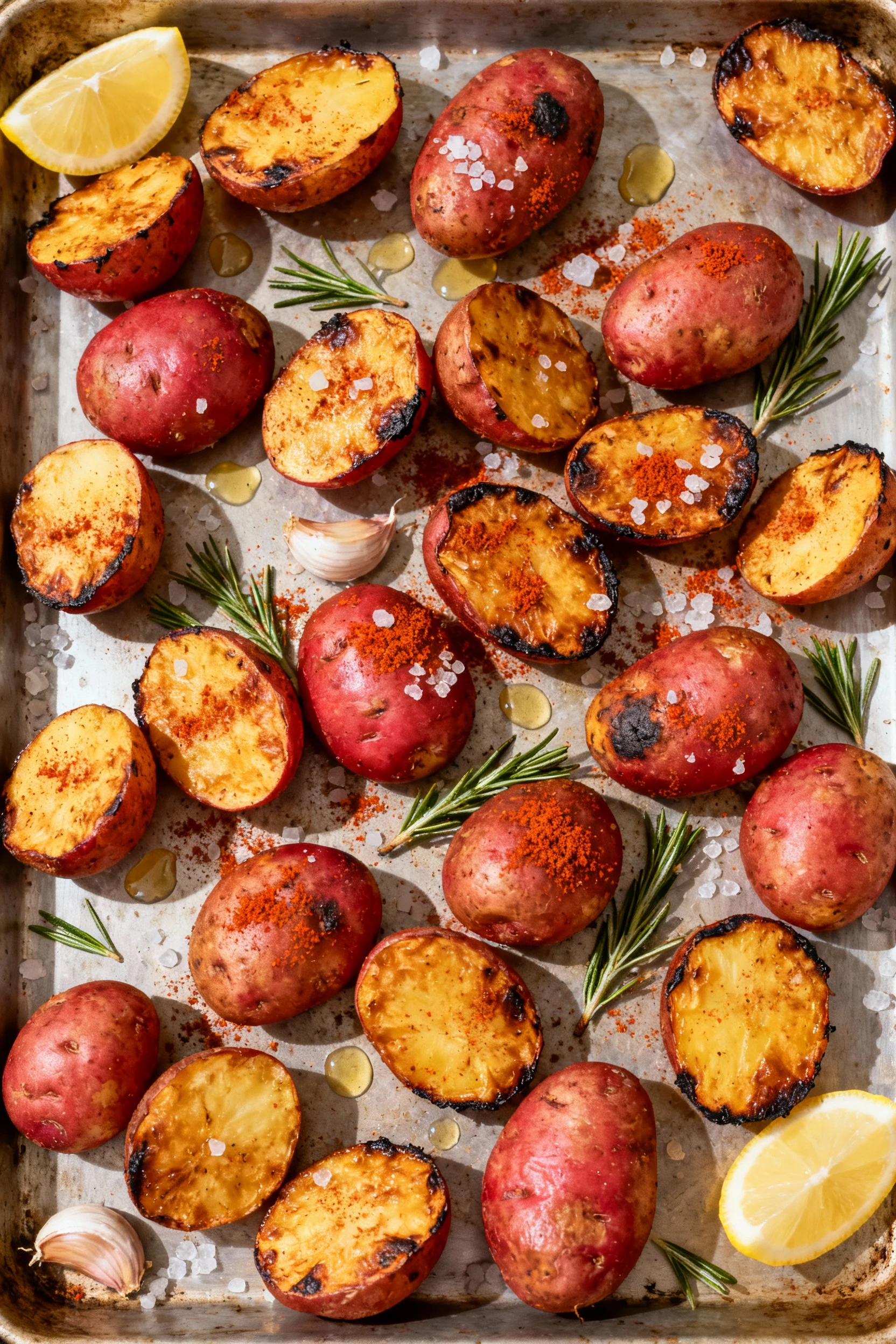 Overhead shot of roasted red potatoes in a single layer on a sheet pan, even golden-brown with charred edges, paprika-du