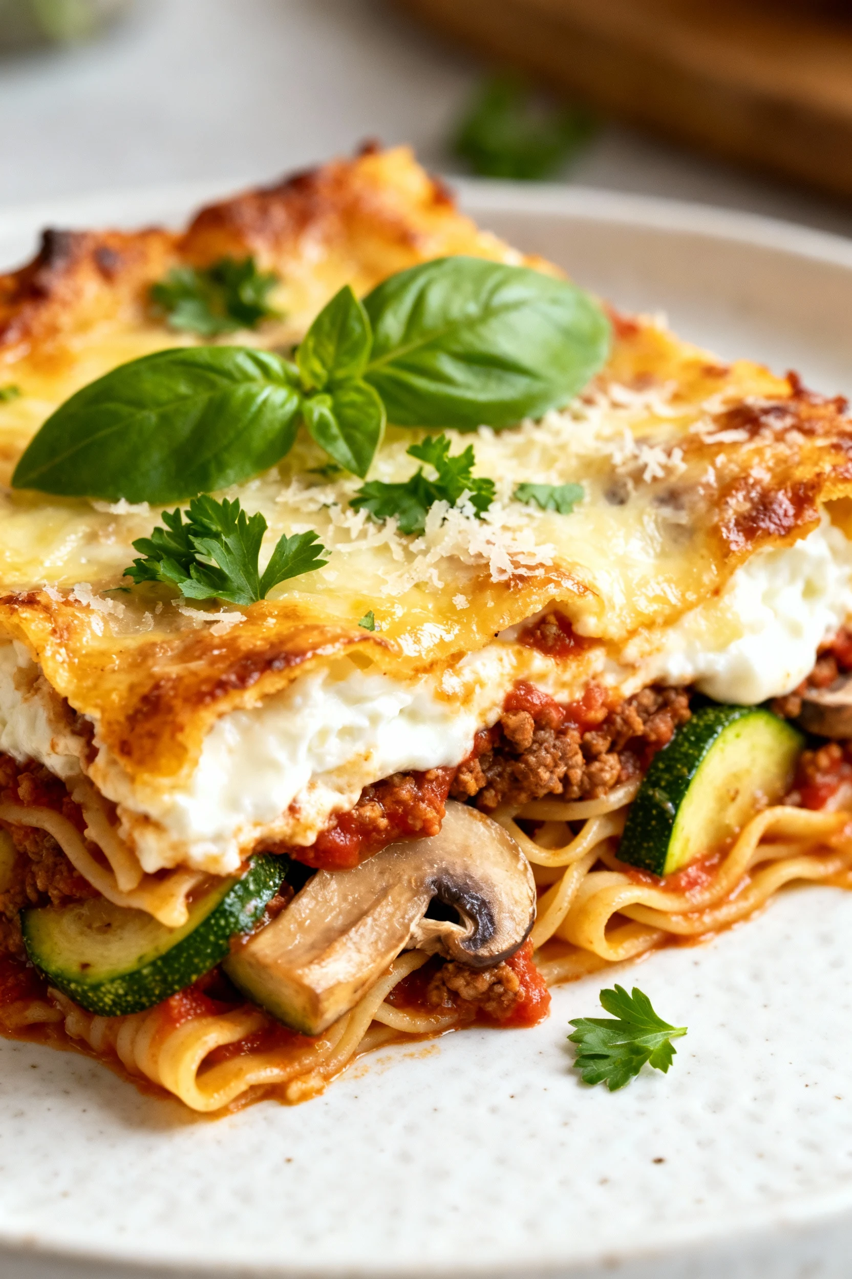 Beautifully plated slice of Italian-style casserole: beefy marinara, ricotta-rich creamy layer, mozzarella–Parmesan melt