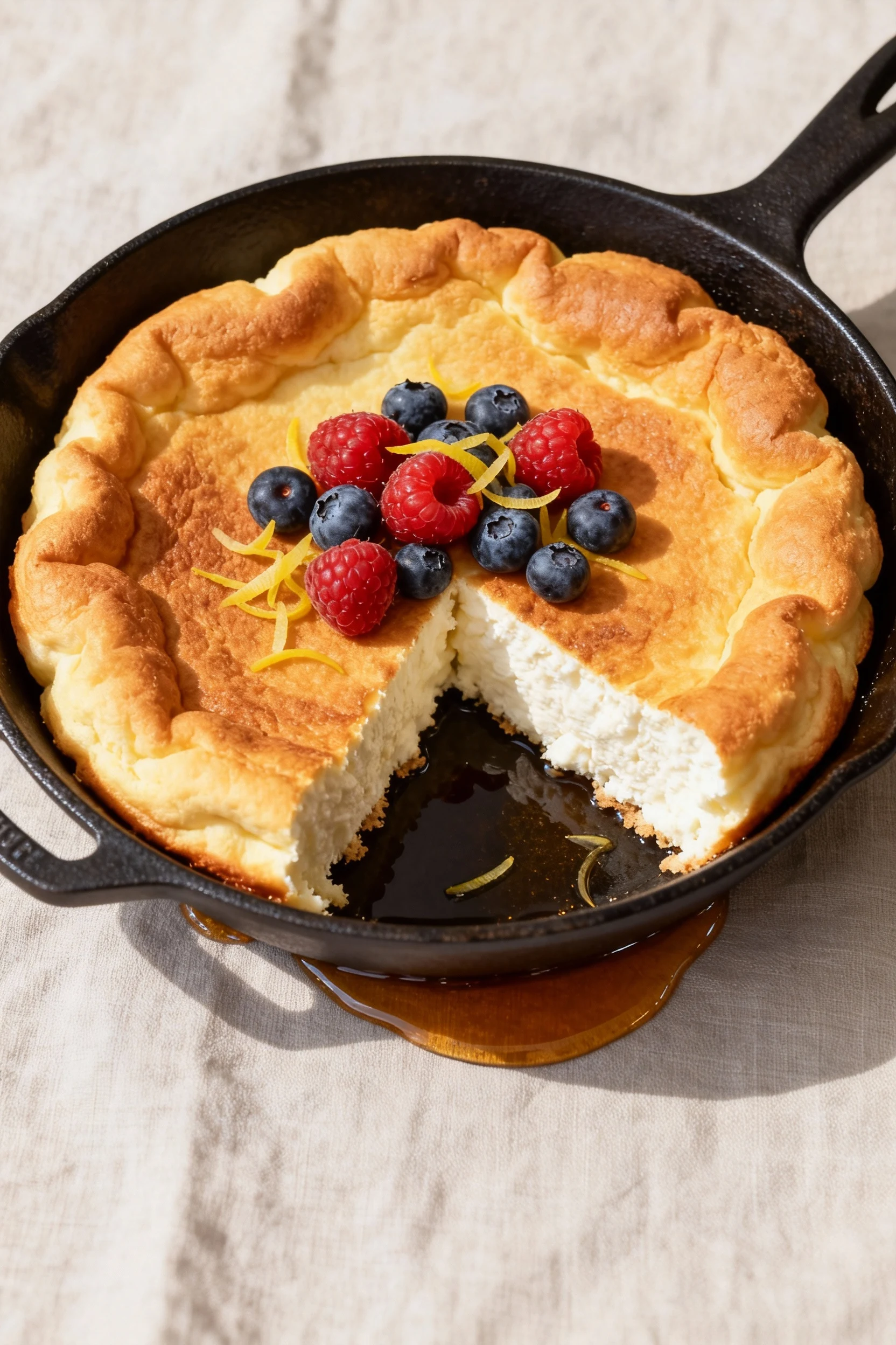 Overhead of cloudlike baked ricotta pancake in cast-iron skillet, golden puffed edges with a wedge removed to reveal air