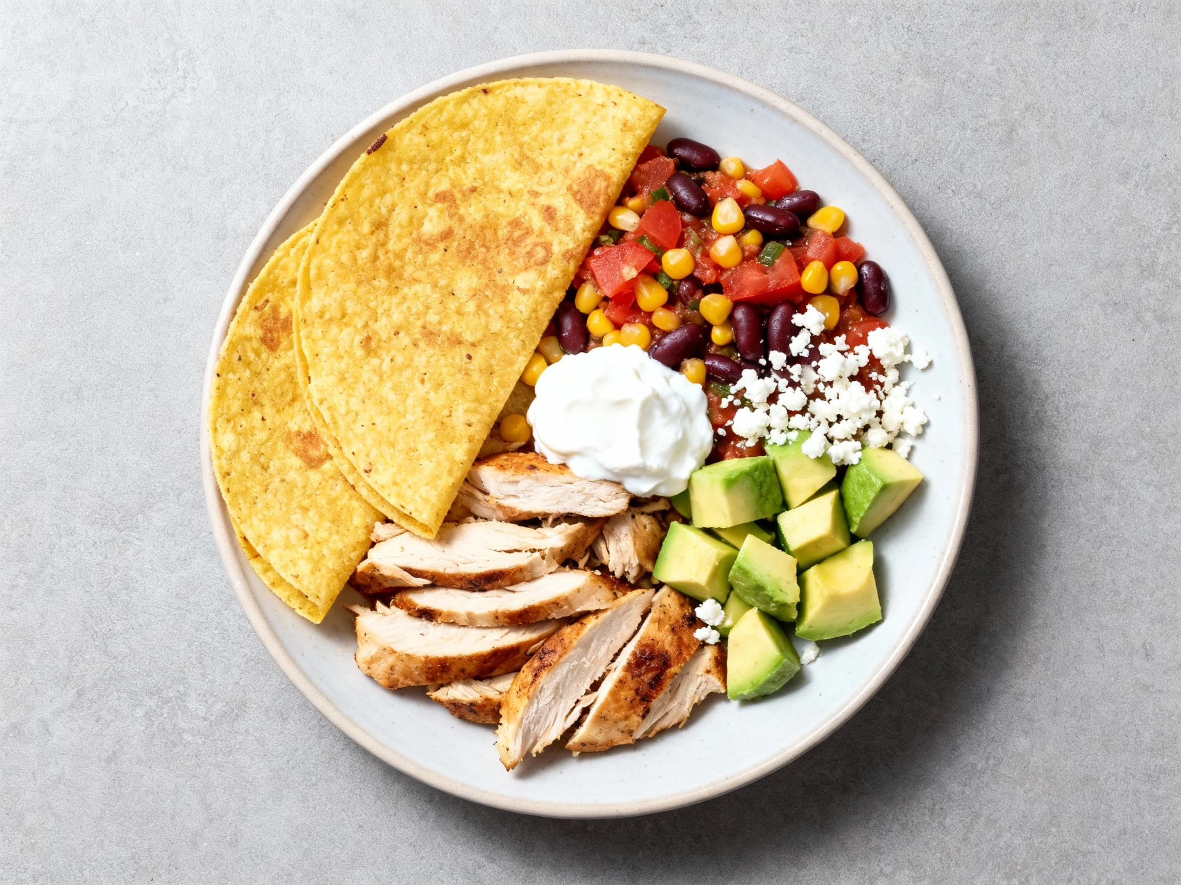 Food photography, Overhead shot of a fully assembled Mexican dinner plate featuring warm corn tortillas, sliced chicken,