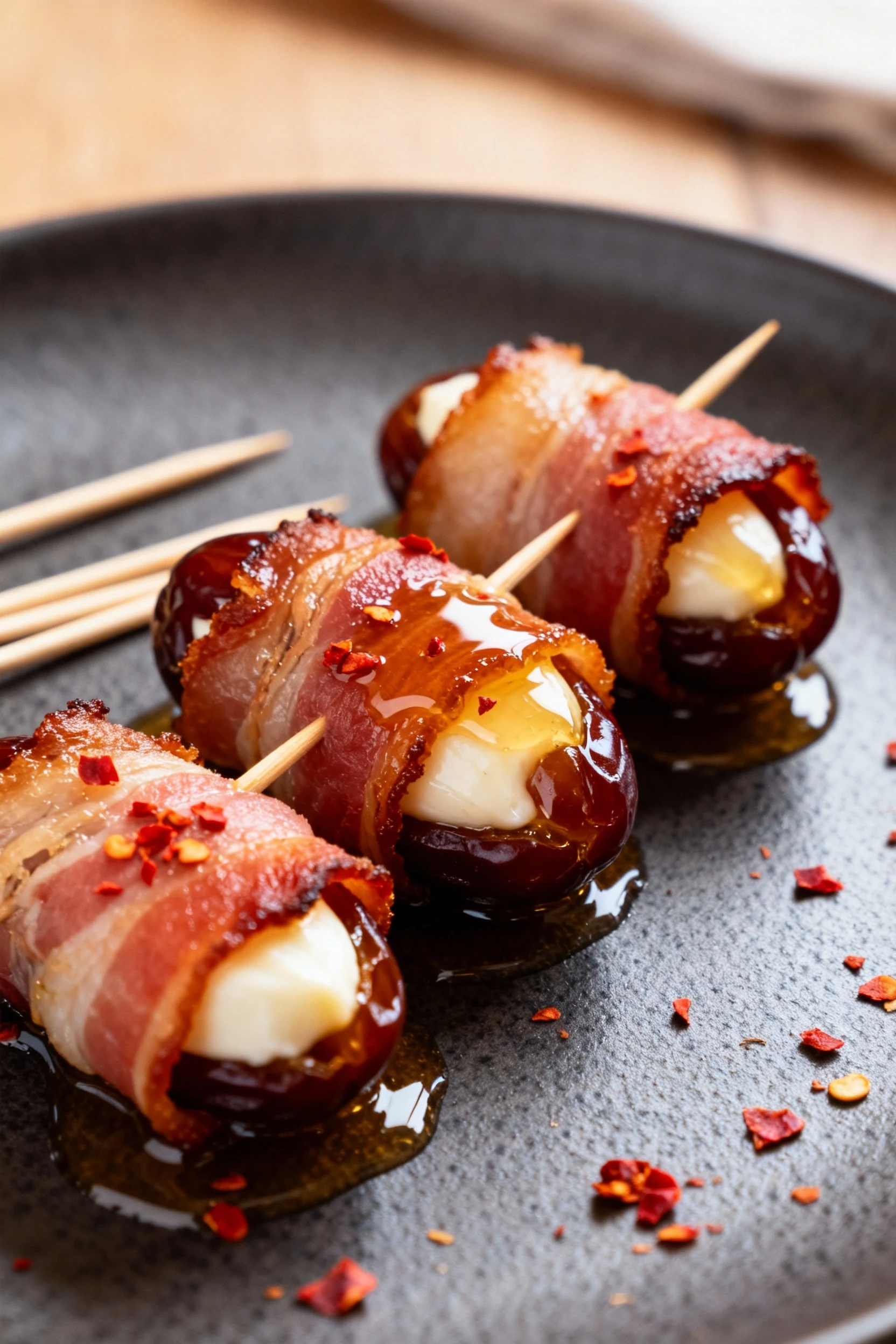 Beautifully plated Bacon-Wrapped Goat Cheese Dates on a matte charcoal plate—bacon rendered and crisp, goat cheese just 