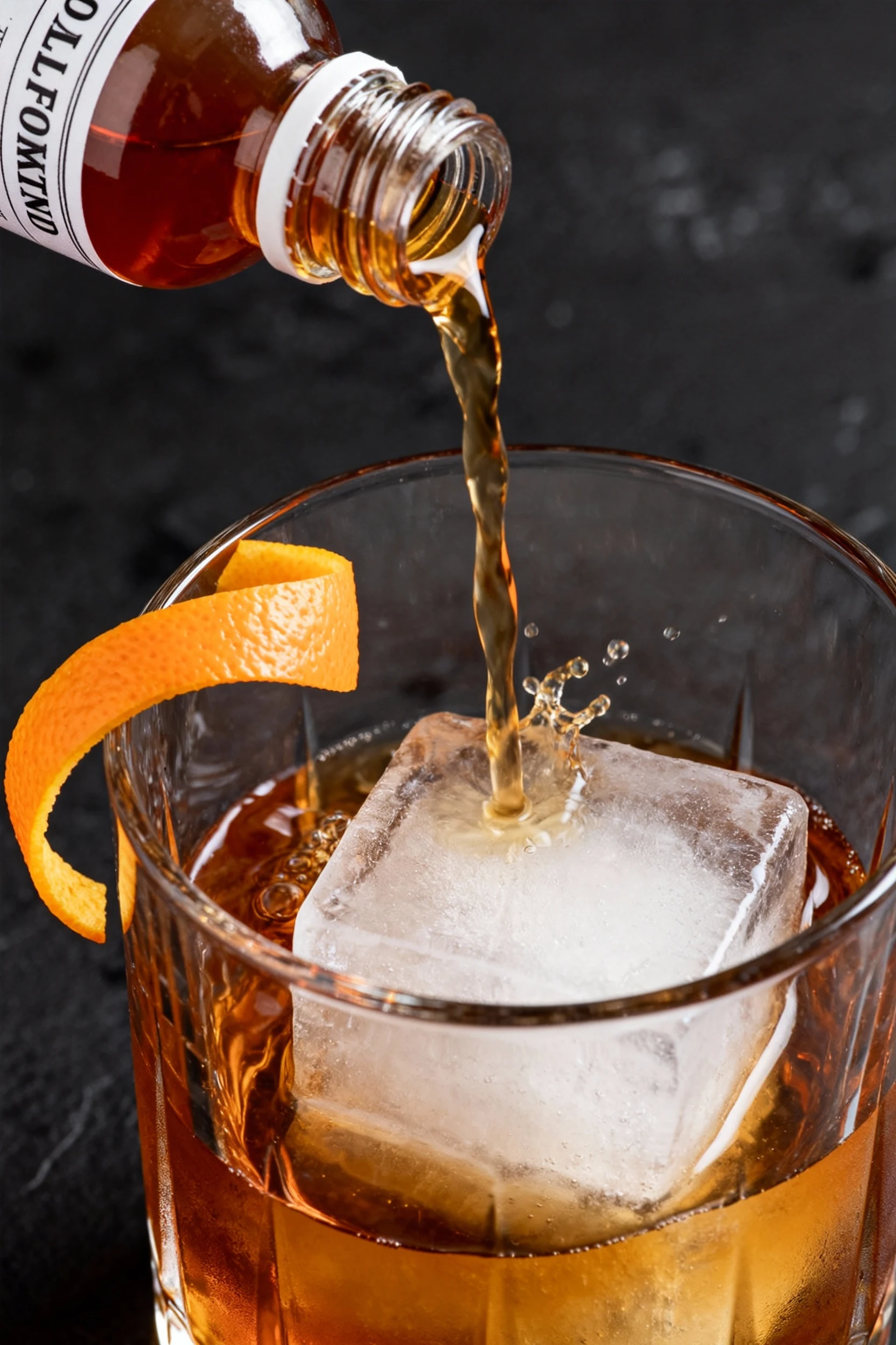 Final variant presentation: Pre-batched Old Fashioned pour—amber mix streaming from a small labeled bottle into a rocks 