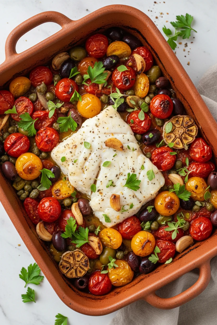 4. Tasty top view of the Mediterranean bake variation: halibut nestled among blistered cherry tomatoes, olives, capers, 