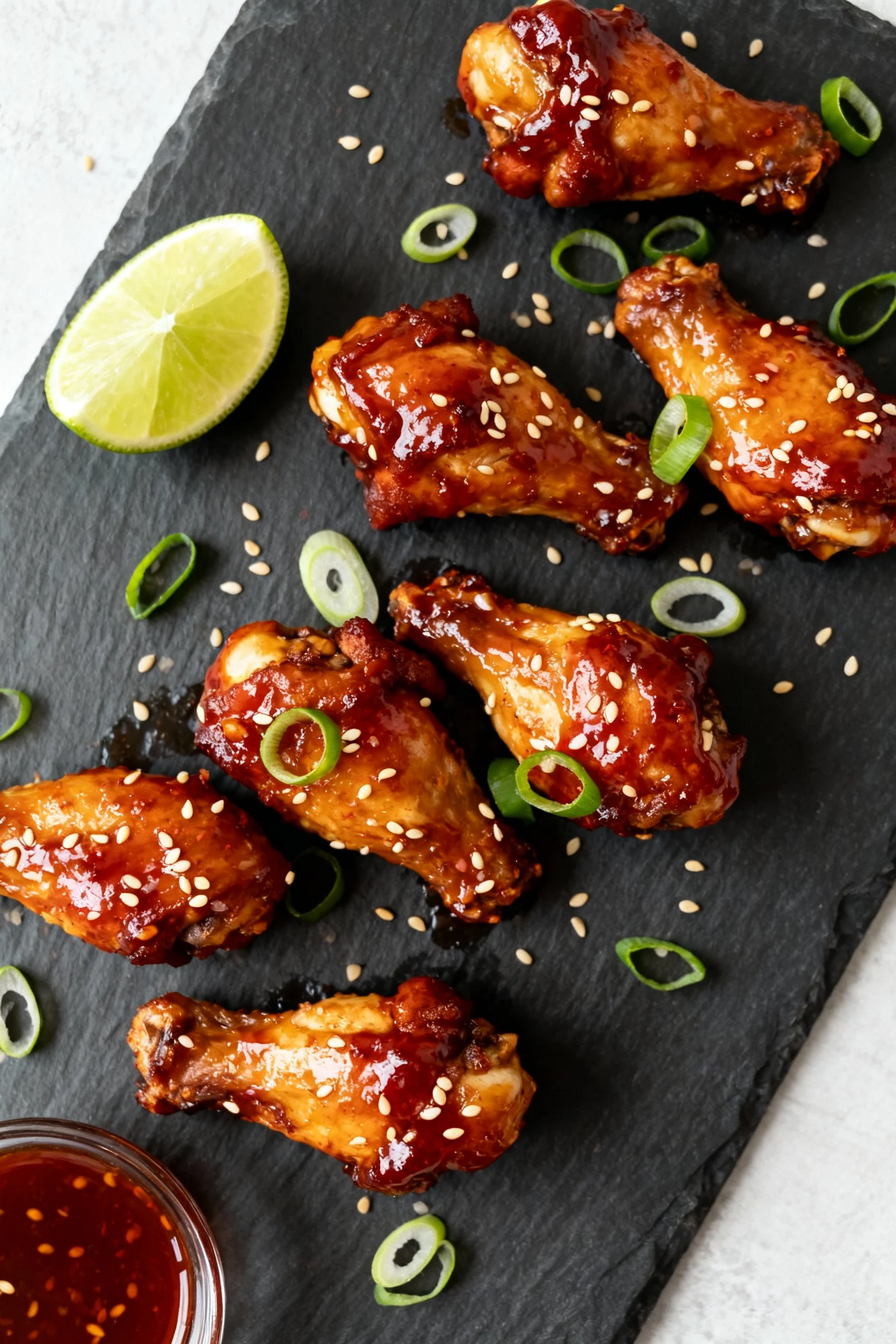 4. Top-down view of Korean-style gochujang-glazed wings with sticky lacquer set, sesame seeds and sliced scallions scatt