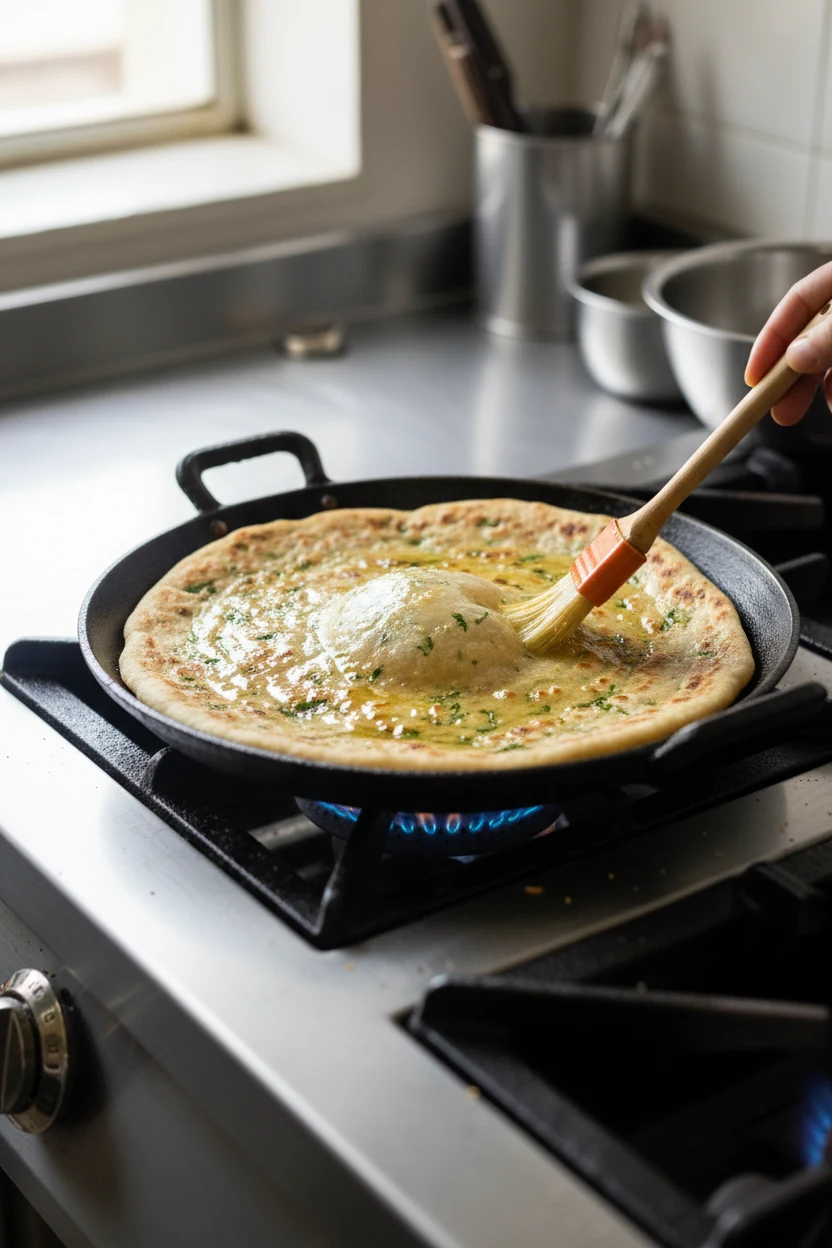 Cooking process: methi paratha on medium-high heat tawa, lightly puffed with visible green fenugreek flecks, a thin film