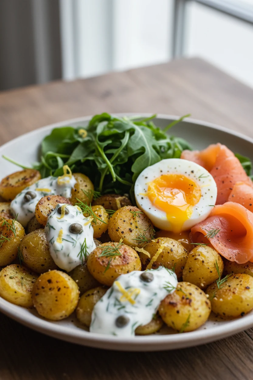 Close-up detail of warm dill potato hash plated: golden crispy smashed baby potatoes with flecks of pepper, wilted arugu