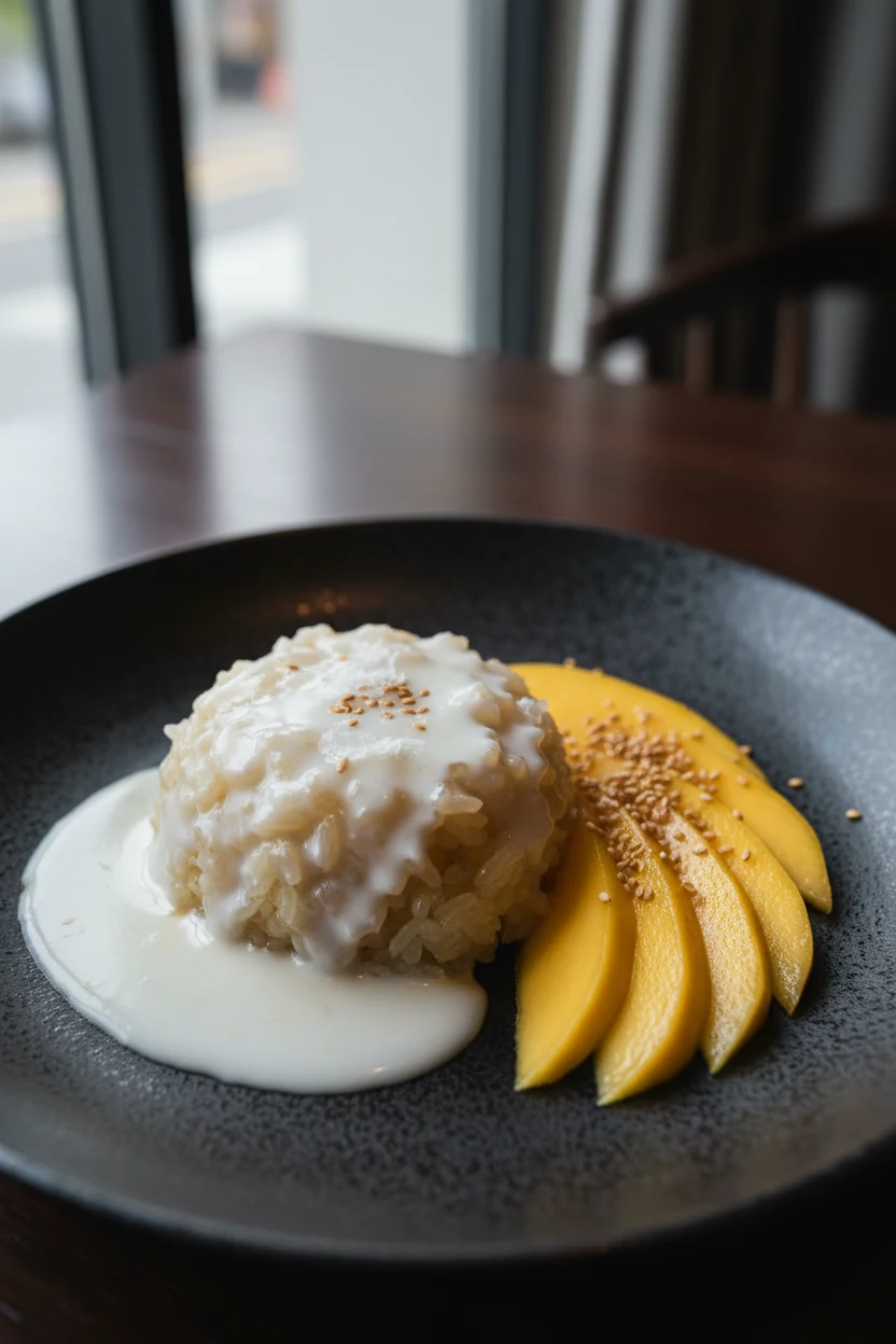 Beautifully plated mango coconut sticky rice—glossy coconut cream over warm sticky rice, ripe mango slices fanned, toast