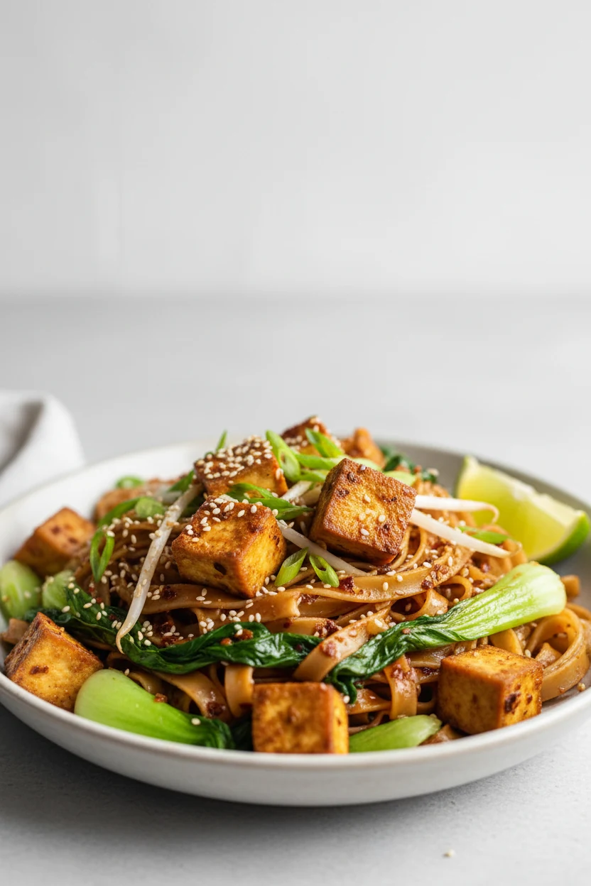 4. Final dish presentation: three-quarter angle plate of Chili Crisp Tofu rice noodles—golden crisp tofu cubes with cara