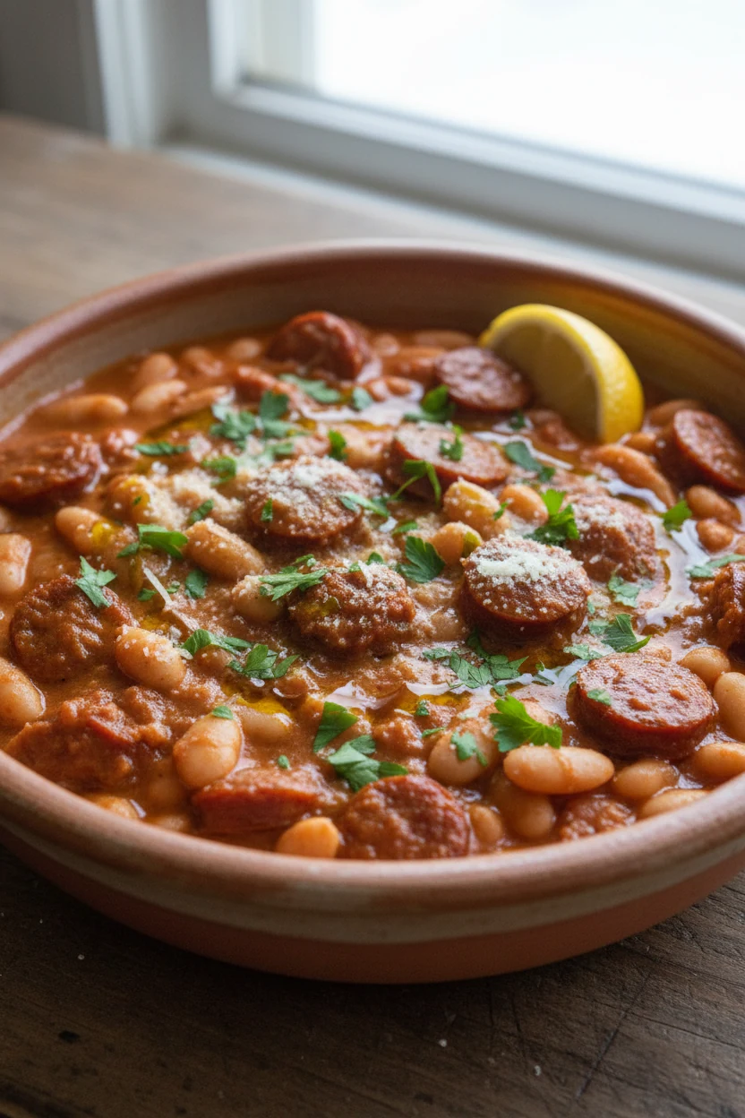 Final dish presentation: hearty bowl of creamy bean-and-sausage skillet, thick yet saucy, garnished with parsley, extra 