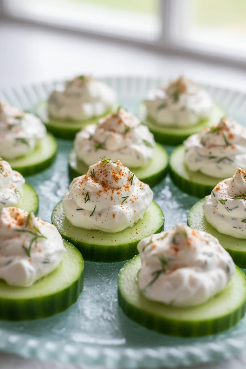4. Close-up of Greek yogurt ranch cucumber bites on a chilled platter; thick dollops of dill-studded ranch yogurt atop c