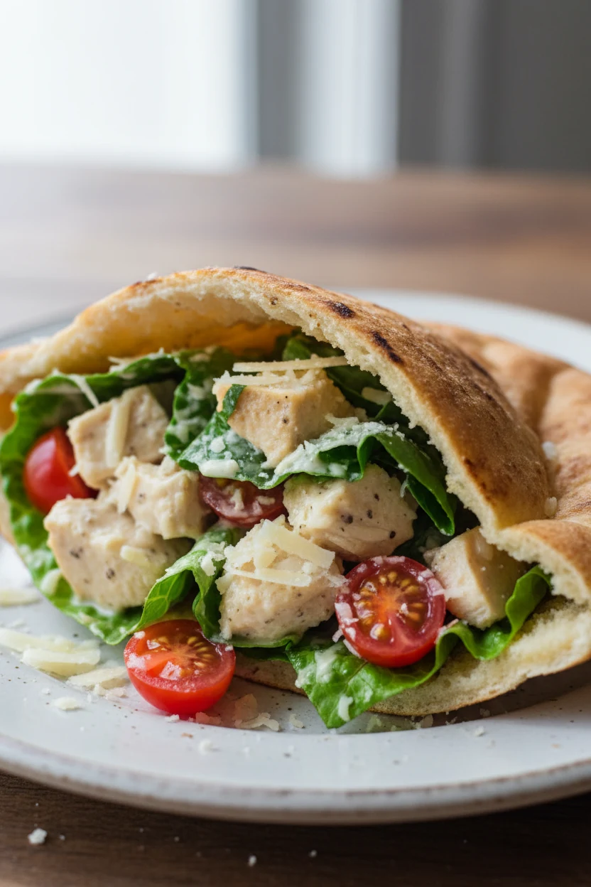 4. Close-up of Chicken Caesar Pita Pocket: toasted pita packed with rotisserie chicken tossed in Greek yogurt Caesar, cr
