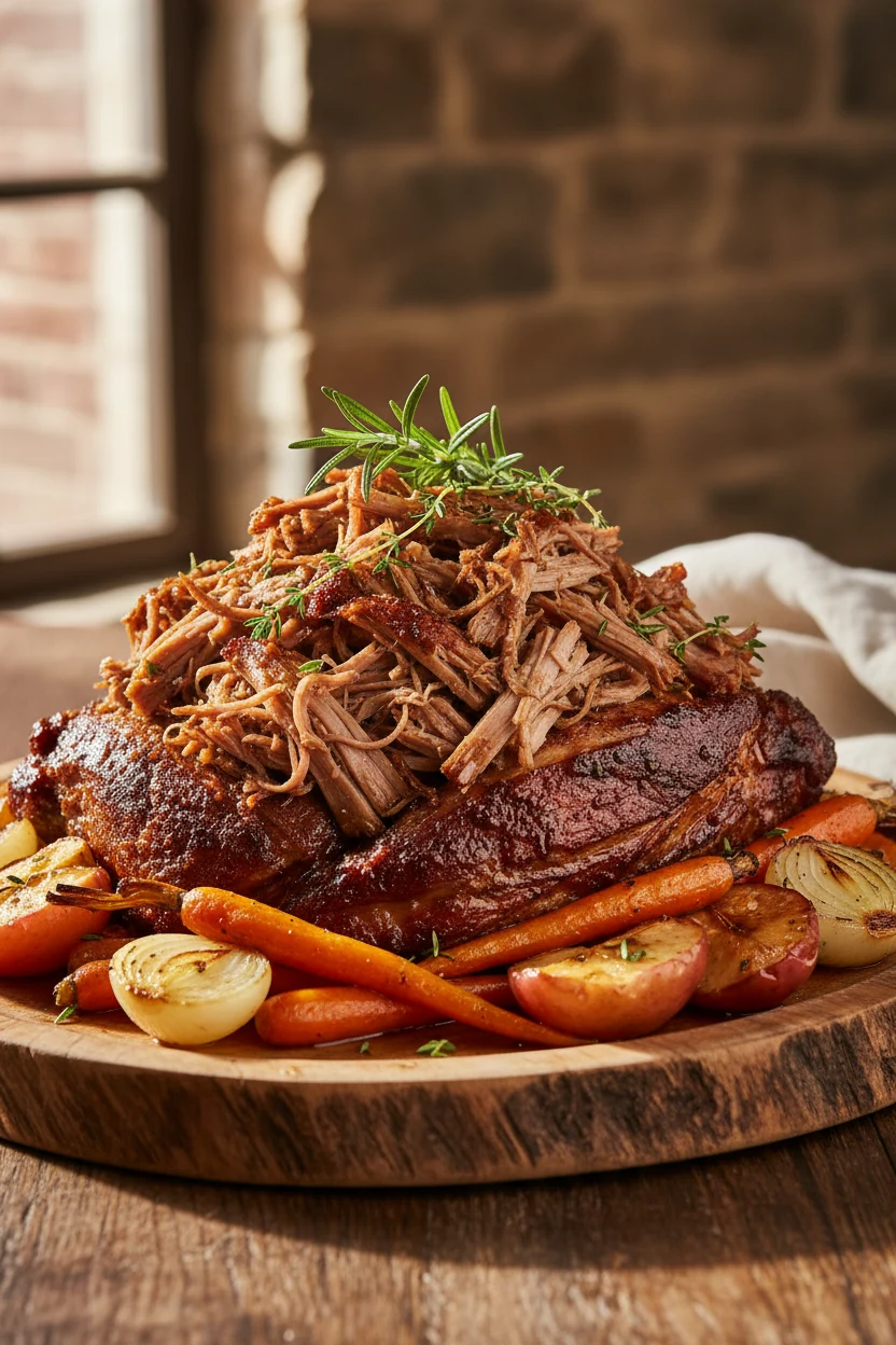 Final presentation: pull-apart pork shoulder piled on a rustic platter, deep mahogany crust with crispy edges, strands g