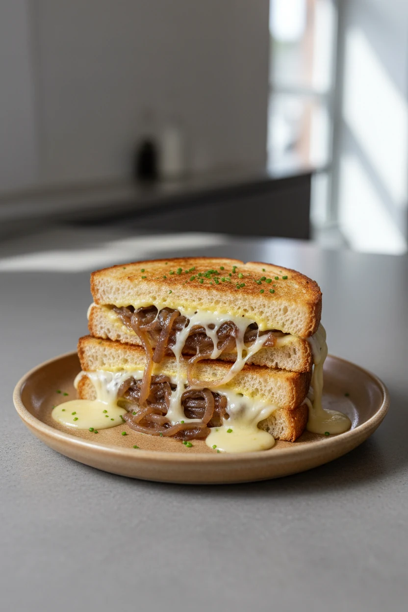 Final plated: French Onion grilled cheese on brioche, diagonal halves stacked on a warm ceramic plate, Gruyère melting a