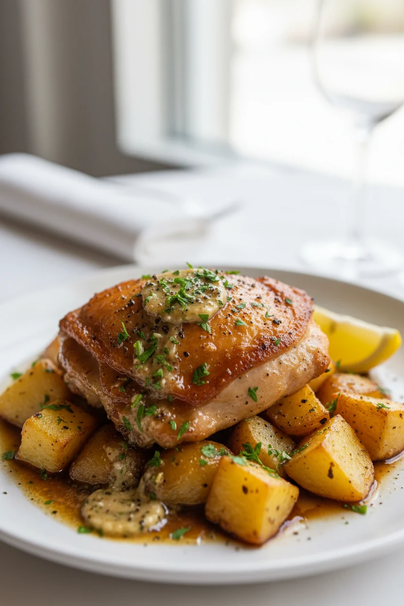 Final dish presentation: Restaurant-quality plating—one crispy-skinned chicken thigh over roasted Yukon golds, spooned w