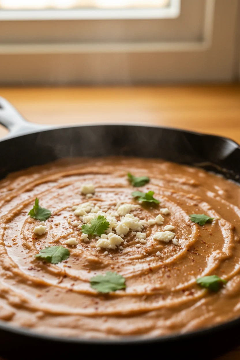 Close-up detail: creamy refried pinto beans in a warm skillet, silky sheen with cumin and smoked paprika flecks, finishe