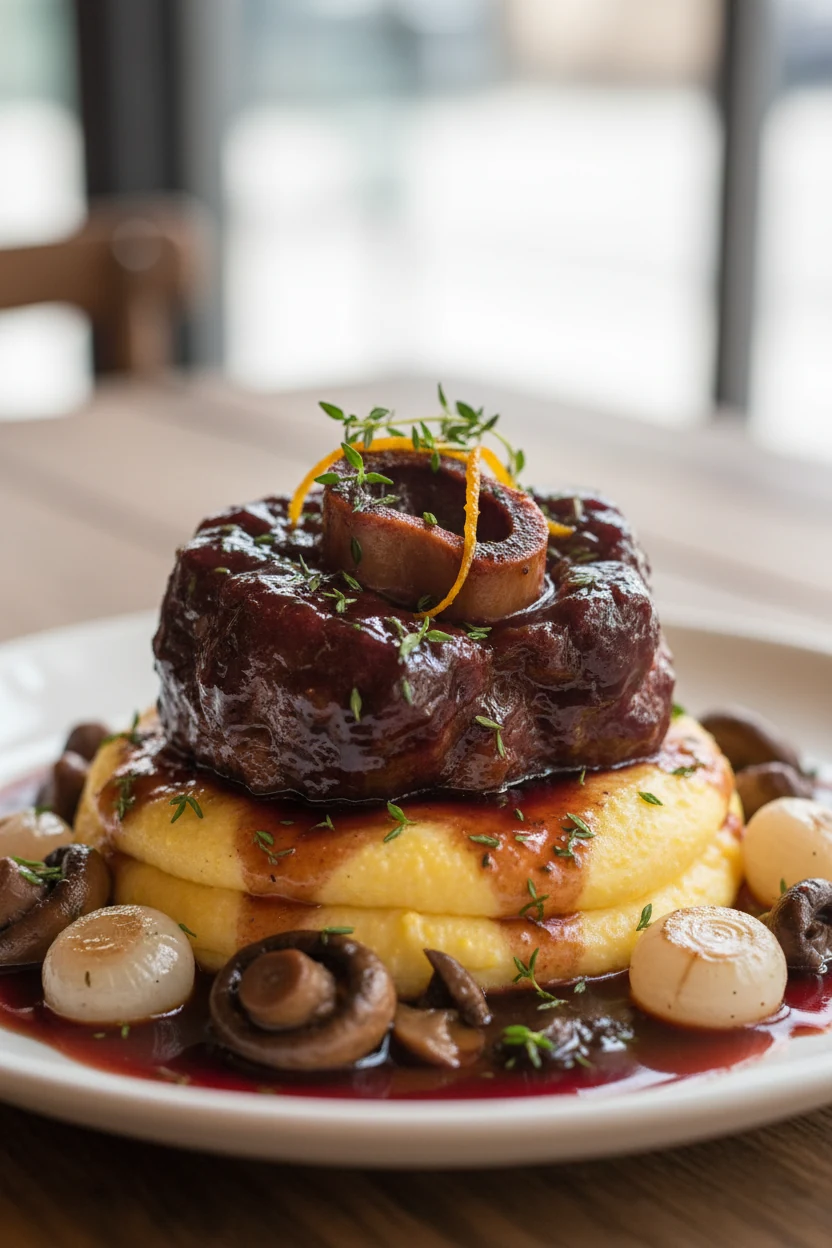 Close-up of red wine bistro-style braised oxtail on creamy polenta with sautéed mushrooms and pearl onions, silky butter