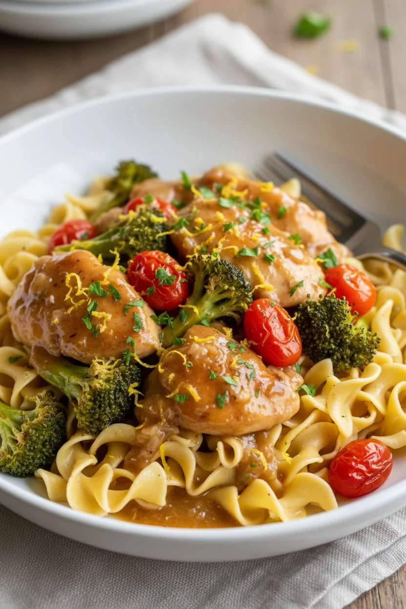 Final dish presentation: saucy lemon-garlic chicken with broccoli and burst tomatoes spooned over buttered noodles in a 