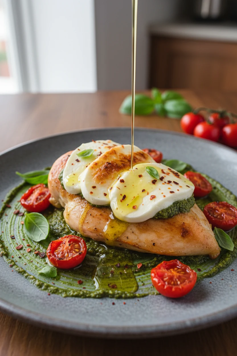 Beautifully plated pesto-caprese chicken breast: basil pesto swirls, melted fresh mozzarella, blistered tomato slices, d