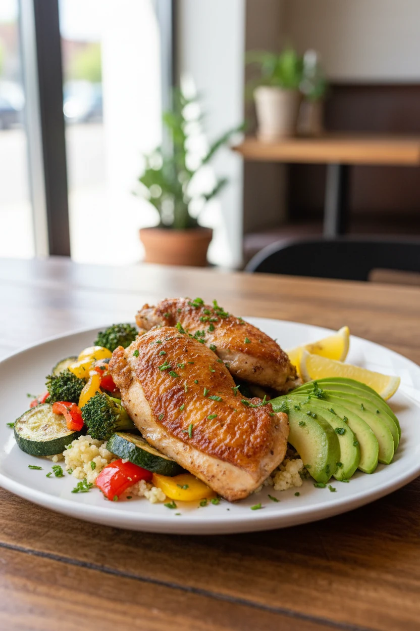Final plated dish, three-quarter angle: air-fried chicken and veggies over cauliflower rice (low-carb), fanned avocado s