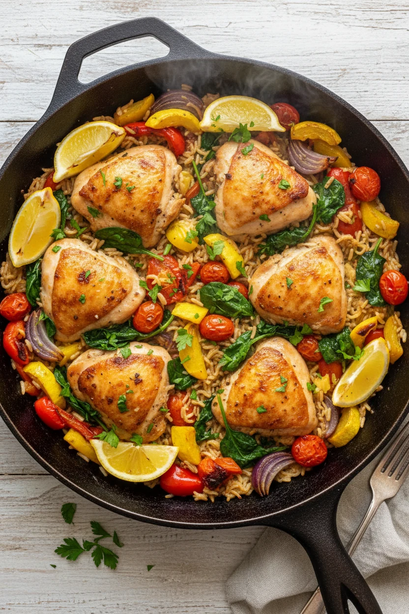Tasty top view of the finished one-pan: glossy rice, tender chicken, wilted spinach, colorful veg, and fresh parsley; le