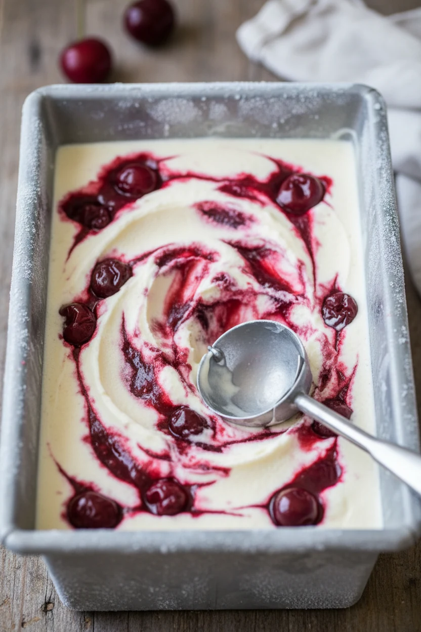 4. Close-up of no-churn vanilla ice cream rippled with cherry compote, distinct crimson swirls and creamy texture, frost