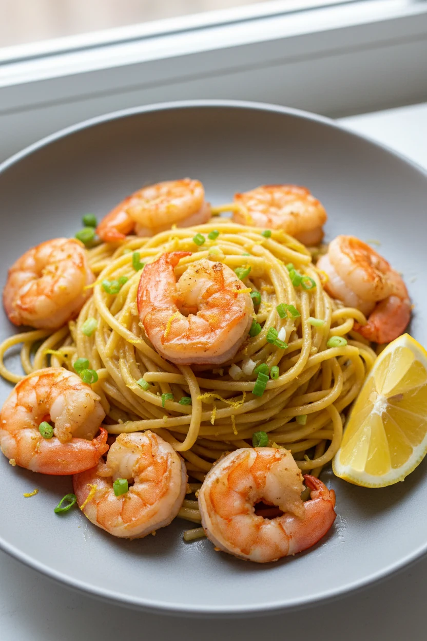 Restaurant-quality plate of Lemon-Garlic Shrimp noodles: pink shrimp, butter-glossed strands, bright lemon zest, squeeze