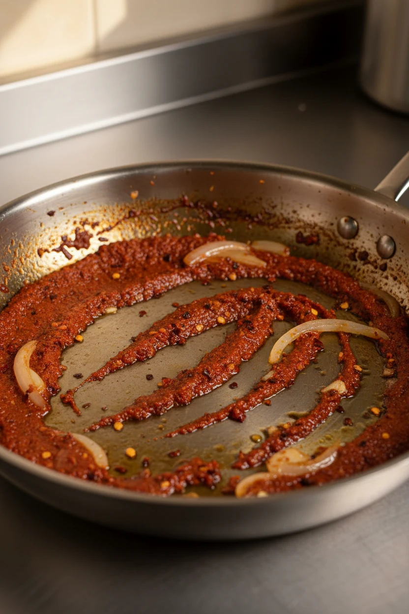Cooking process: in-pan close-up of caramelized tomato paste turned brick-red with translucent onions, fragrant garlic, 
