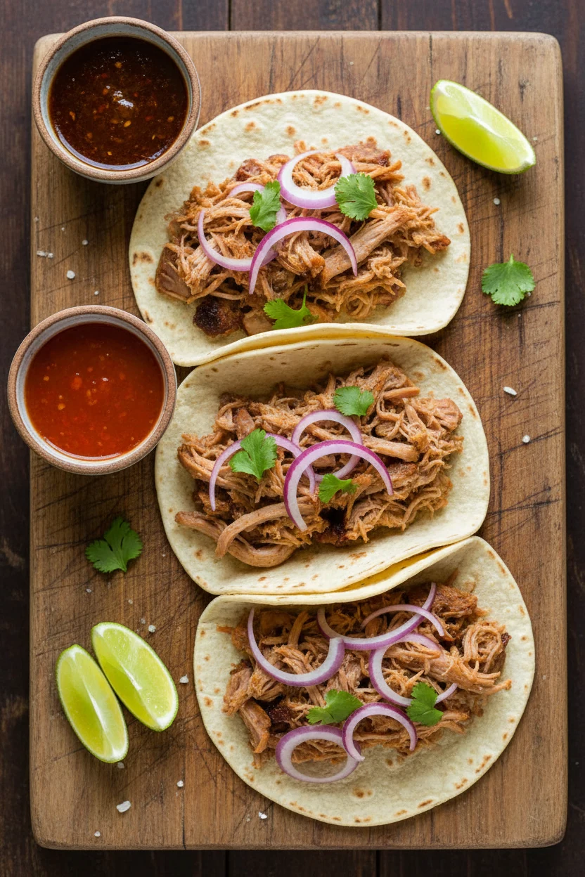 Overhead shot: pork tacos on tortillas loaded with juicy pulled pork, sliced onions and cilantro, lime wedges, small bow