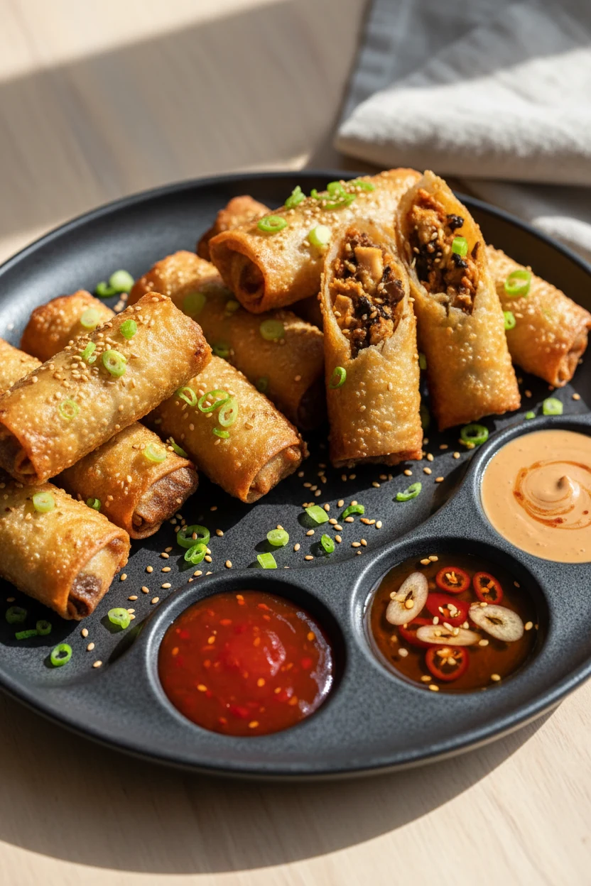 Final dish presentation: restaurant-quality platter of mixed egg rolls (classic pork and tofu–mushroom–kimchi) on a dark