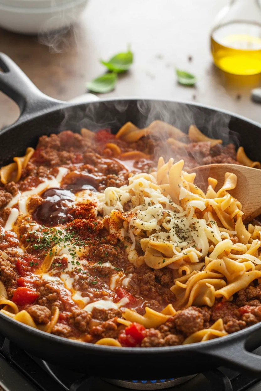 4. Cooking process: browned beef-and-onion mixture simmering with tomato sauce, diced tomatoes, Worcestershire, smoked p