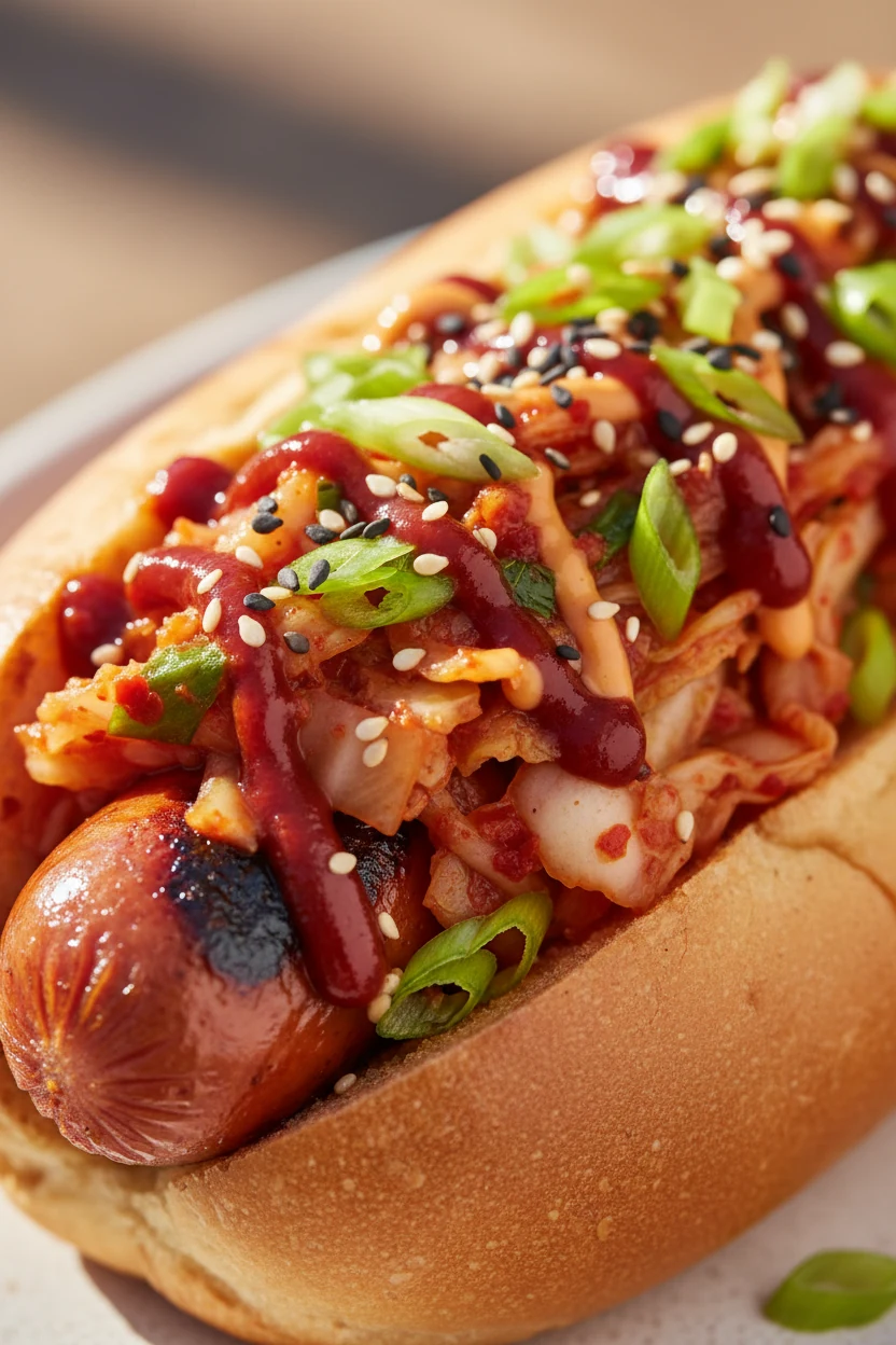 Close-up detail: Korean BBQ–style hot dog with finely chopped kimchi, glossy gochujang mayo, scallions, sesame seeds on 