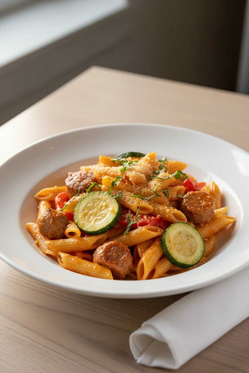 Final plated dish: bowl of sausage, zucchini, and bell pepper pasta in silky tomato-cream sauce; garnished with fresh ba