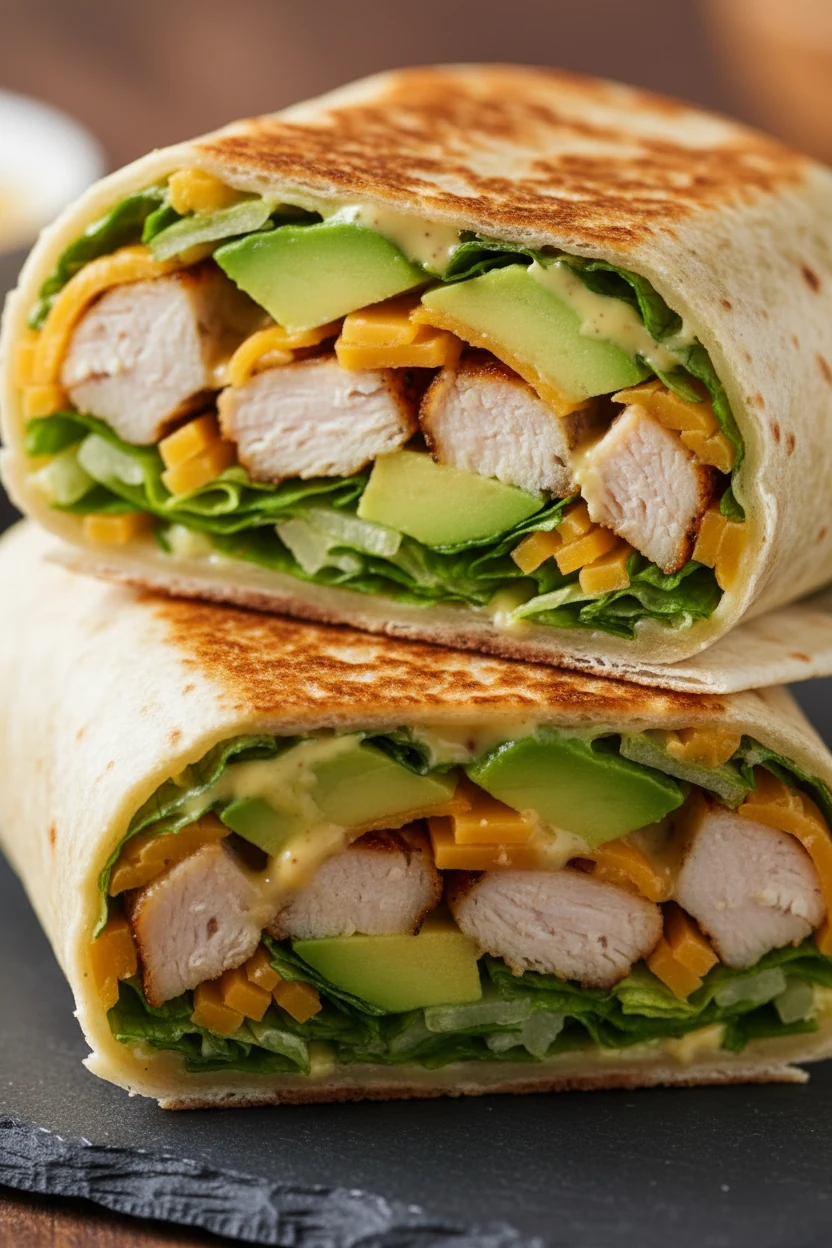 Close-up cross-section of pan-crisped chicken wrap, golden blistered tortilla; layers of seared chicken, avocado, romain