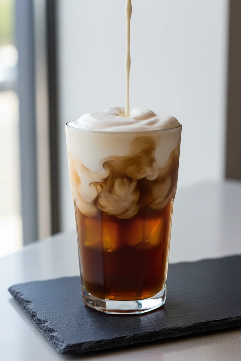4. Final dish presentation—Cold Brew with Vanilla Sweet Cream Cold Foam: thick yet pourable foam cascading into amber co