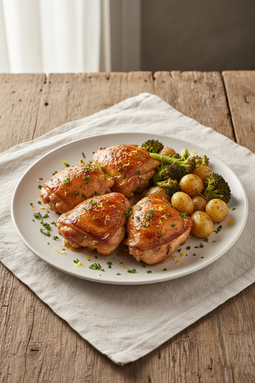 Beautifully plated lemon–herb chicken thighs with glossy pan glaze, shower of chopped parsley and lemon zest, served wit