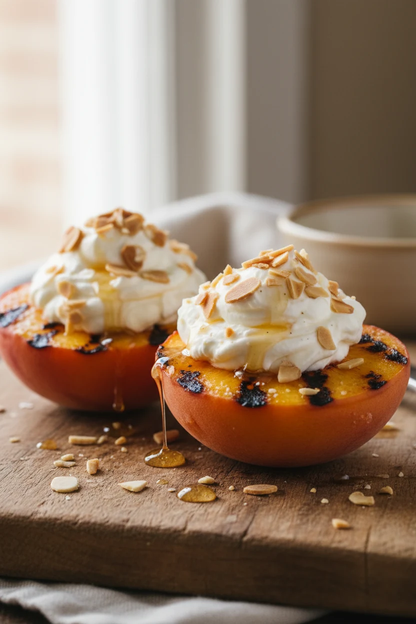 Close-up detail: grilled peach halves with defined char marks topped with mascarpone whipped with honey and vanilla, fin
